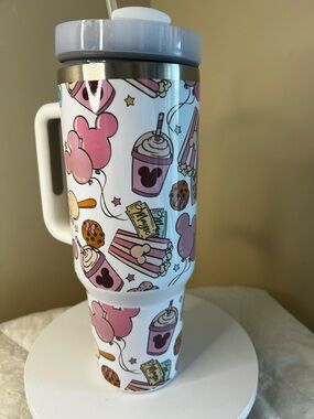 White Travel Tumbler with Pink Disney Snack Pattern